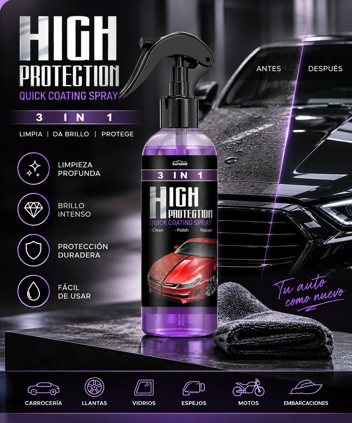Spray Recubrimiento Cerámico 3 en 1 para Autos (120 ml)